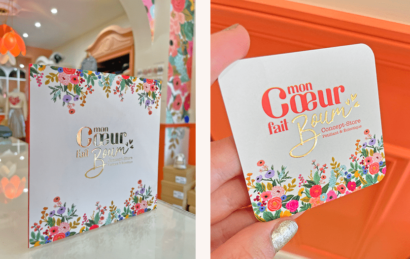 projet enseigne_carte de visite_business card_bon cadeau_dorure_boutique_concept store_fleurs_corail